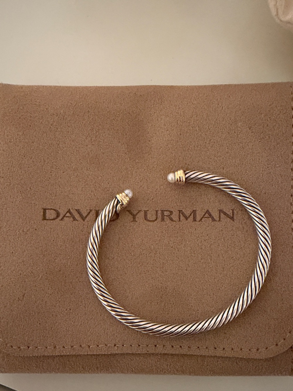 David Yurman Silver and Gold Cable Cuff with Pearl End Caps